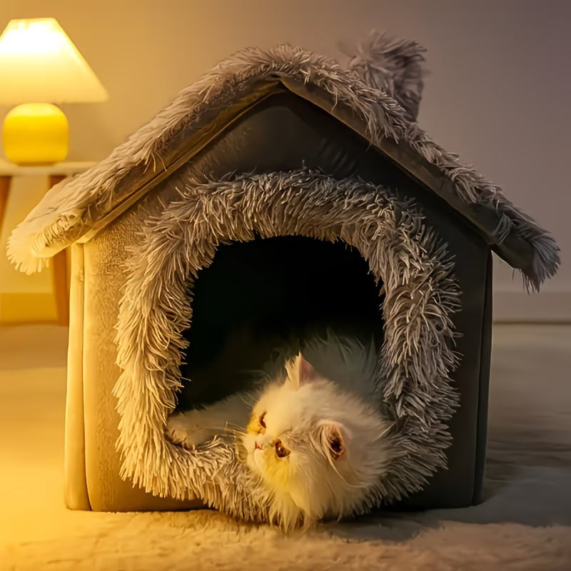 舒适的猫床，毛绒宠物床，可拆卸防滑底部猫屋，四季使用，半封闭式宠物睡床，猫别墅