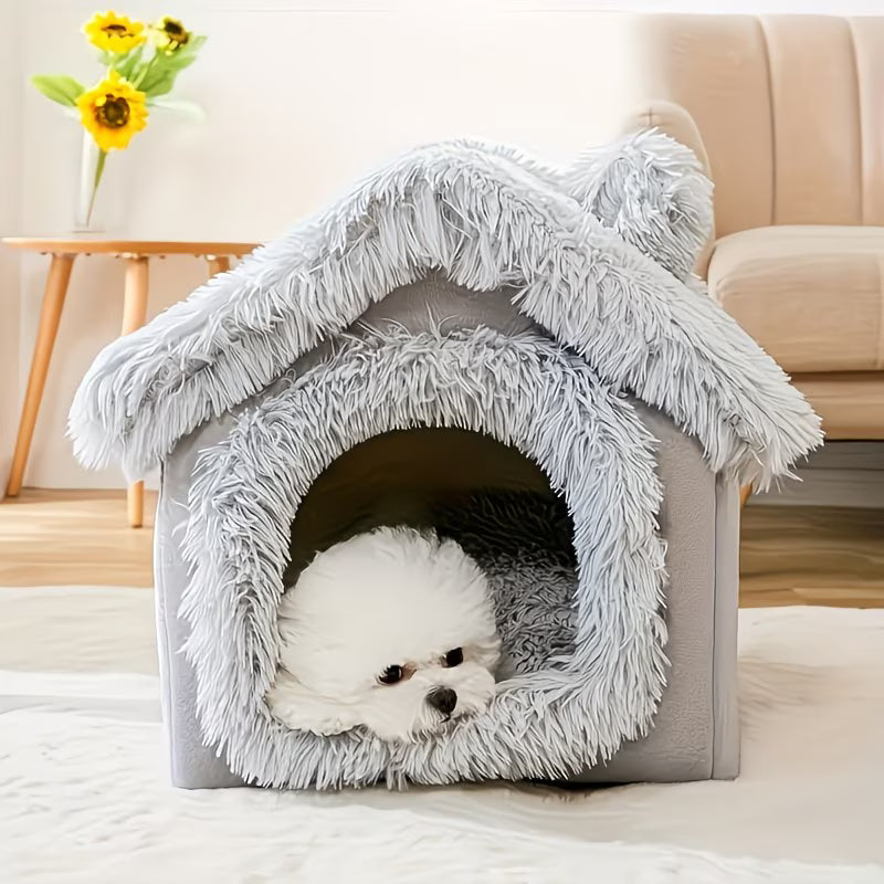 舒适的猫床，毛绒宠物床，可拆卸防滑底部猫屋，四季使用，半封闭式宠物睡床，猫别墅